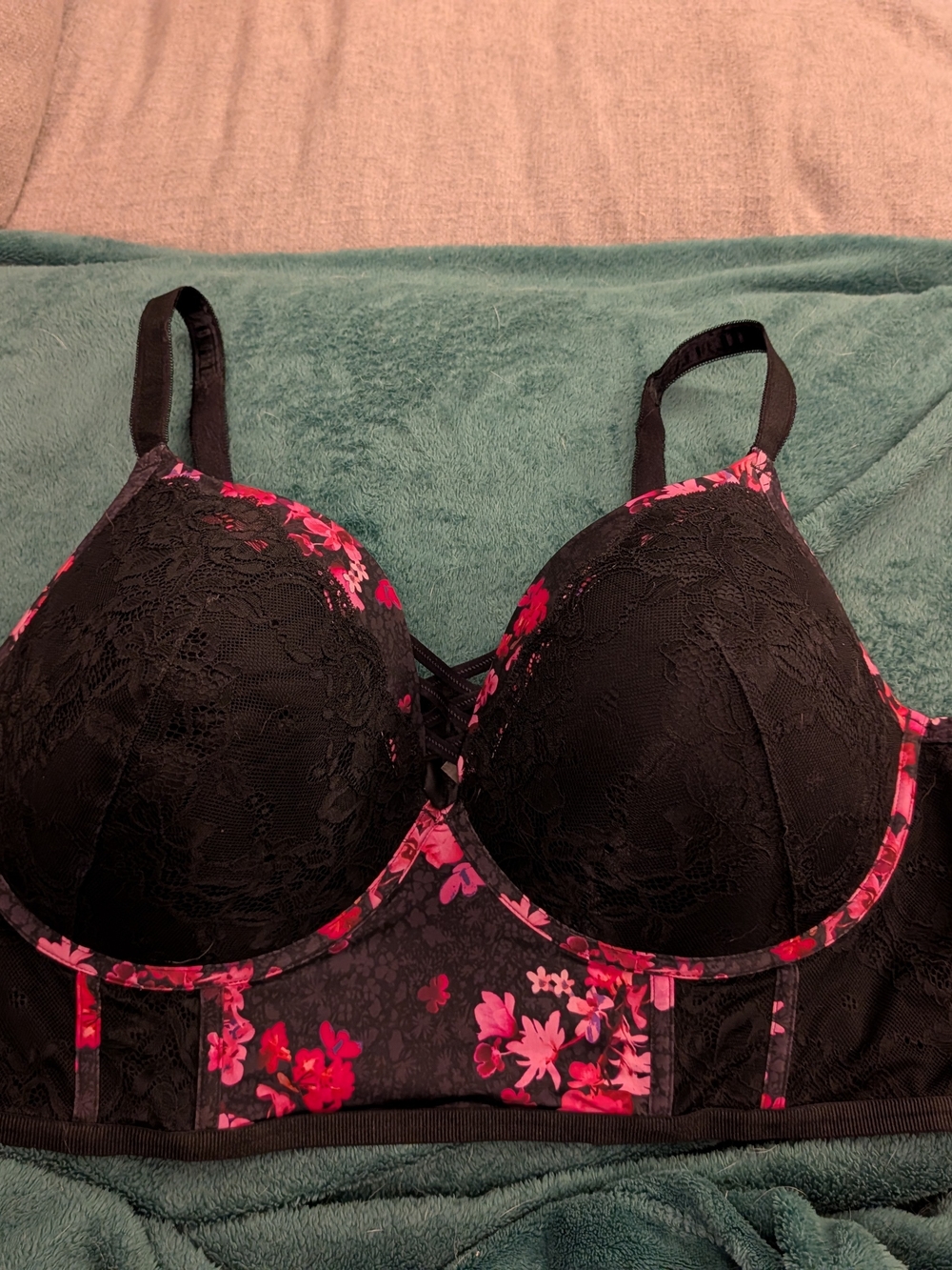 Longline Lace Bra with Pink Floral Accents